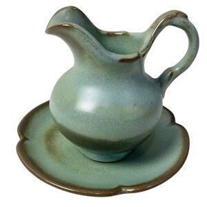 Frankoma Pottery Praire Green Small Pitcher And Saucer Set 16oz